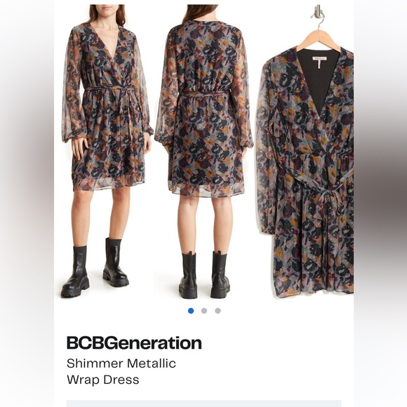 BCBGeneration Shimmer Metallic Wrap Dress Berry Blue Floral Size 16 NWT - Picture 2 of 3
